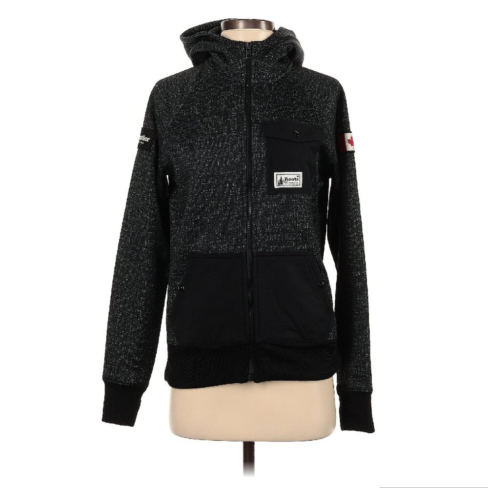 Roots Canada Apres Ski Shell Jacket Hoodie Small Heathered Black White